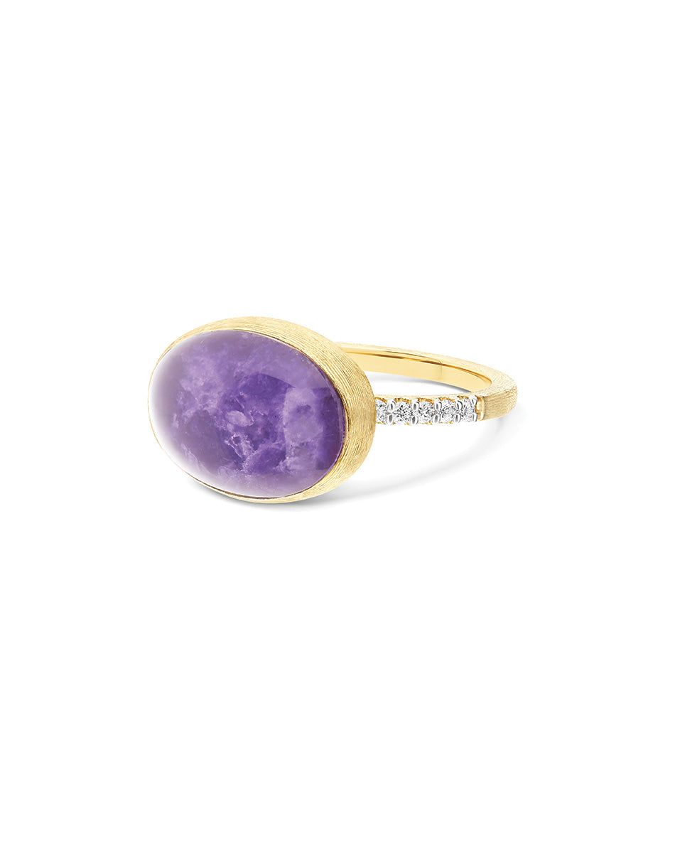 Nanis Anello Violetta "Boules" in oro inciso, diamanti, lepidolite e madrepe – Nanis Italian Jewels