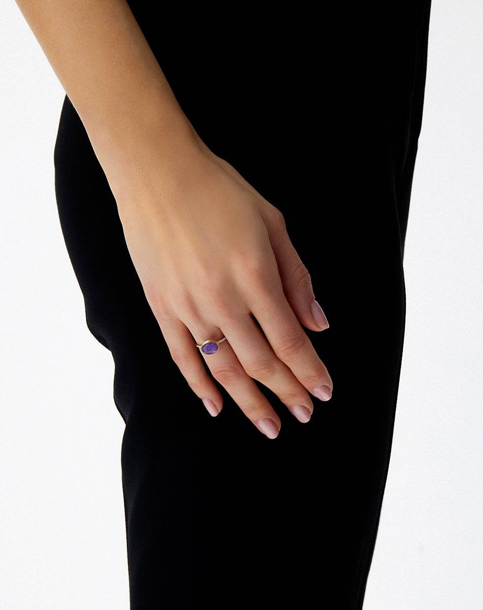 Nanis Anello Violetta "Boules" In Oro Inciso, Diamanti, Lepidolite E Madrepe – Nanis Italian Jewels