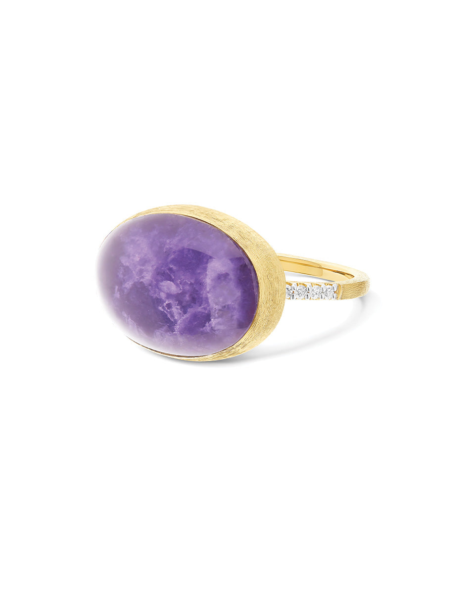 Nanis Anello Violetta "Boules" in oro inciso, diamanti, lepidolite e madrepe – Nanis Italian Jewels