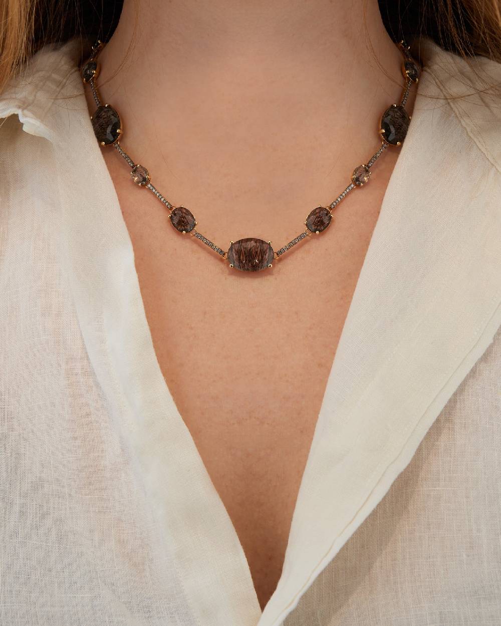 Nanis Collana Girocollo "ARIA" In Oro, Quarzo Rutilato Grigio E Barrette Di – Nanis Italian Jewels