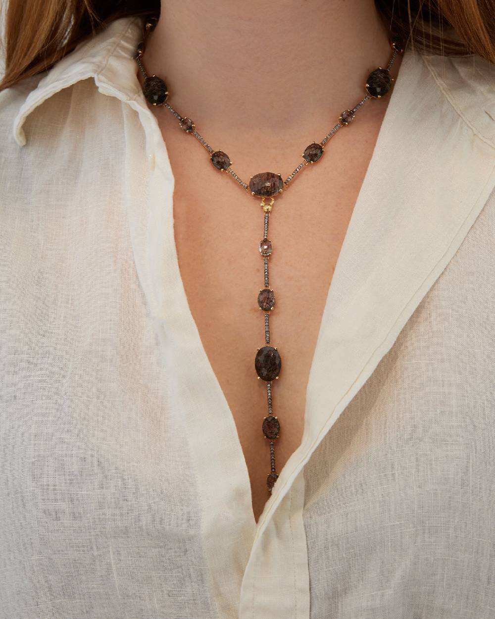 Nanis Collana Girocollo "ARIA" In Oro, Quarzo Rutilato Grigio E Barrette Di – Nanis Italian Jewels