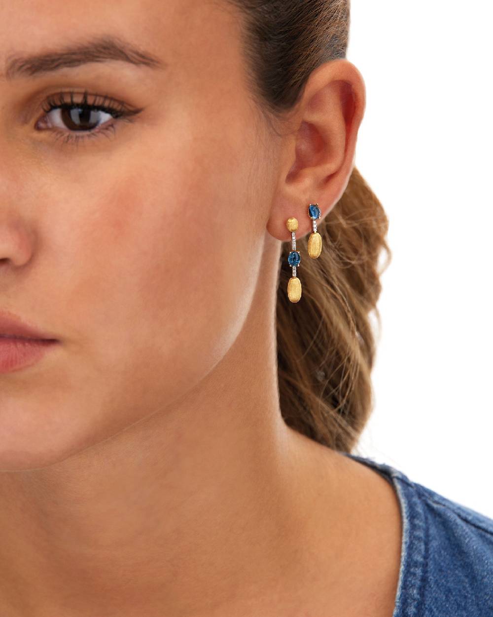 Nanis Orecchini "DANCING AZURE" Pendenti Con Boules In Oro, Diamanti E Topaz – Nanis Italian Jewels