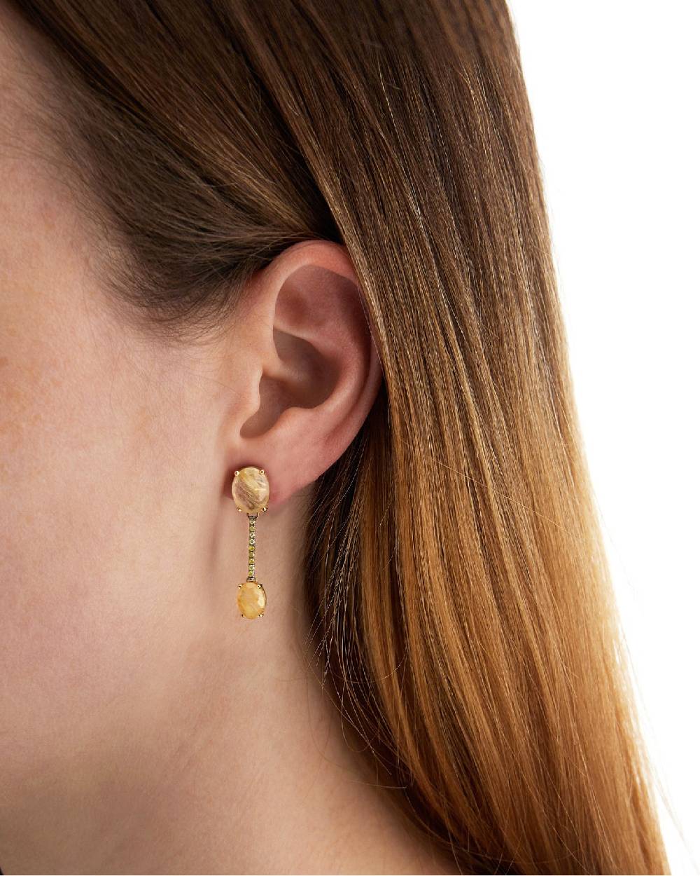 Nanis Orecchini "IPANEMA" In Oro, Quarzo Rutilato Giallo E Barrette Di Diama – Nanis Italian Jewels