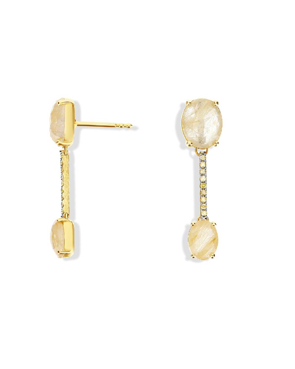 Nanis Orecchini "IPANEMA" In Oro, Quarzo Rutilato Giallo E Barrette Di Diama – Nanis Italian Jewels