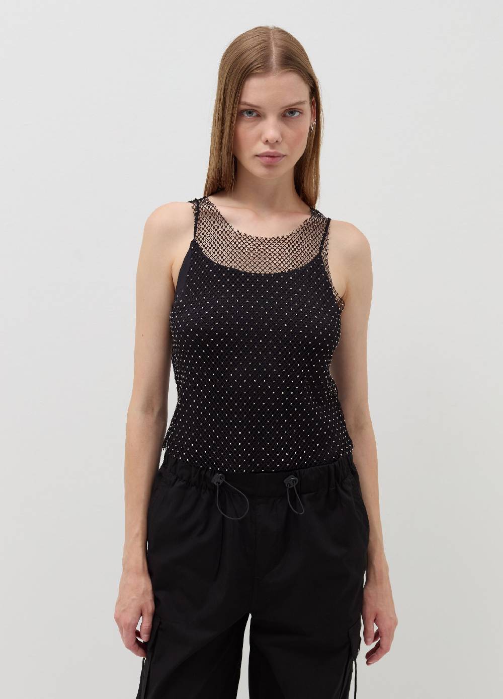 B. ANGEL Tank Top In Rete Con Micro Strass
