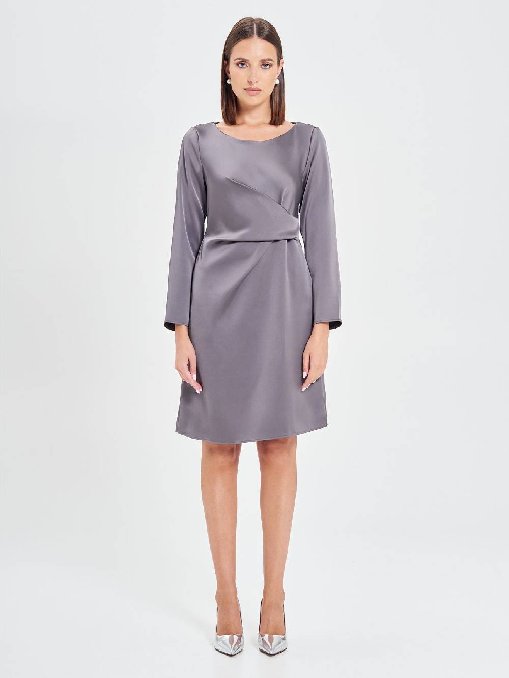 Rinascimento Abito Drappeggiato In Raso Grigio Donna