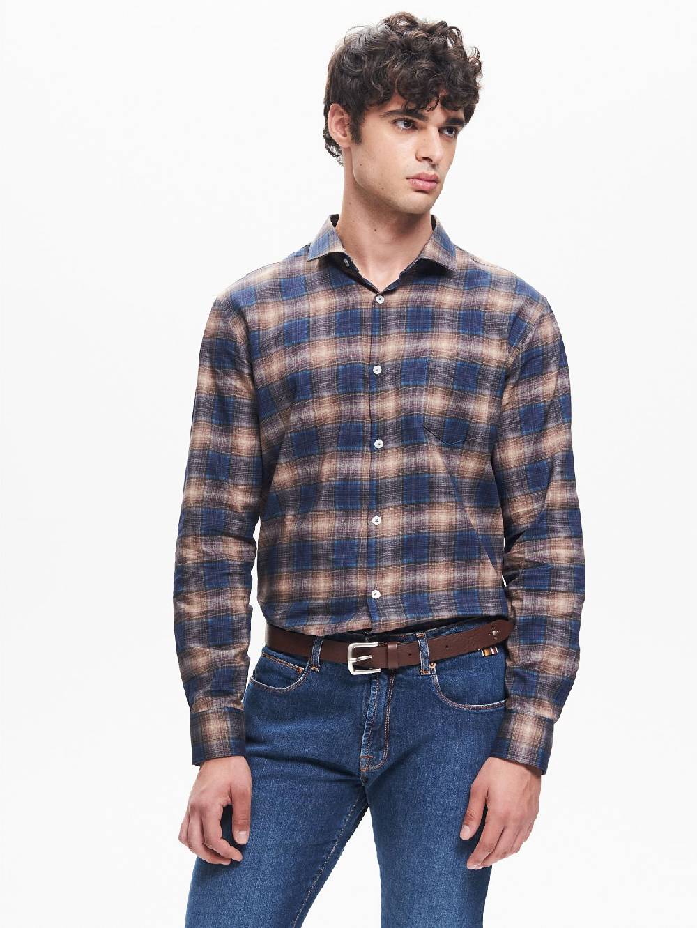 Rinascimento Camicia Check Uomo Collo Alla Francese Blu QB24