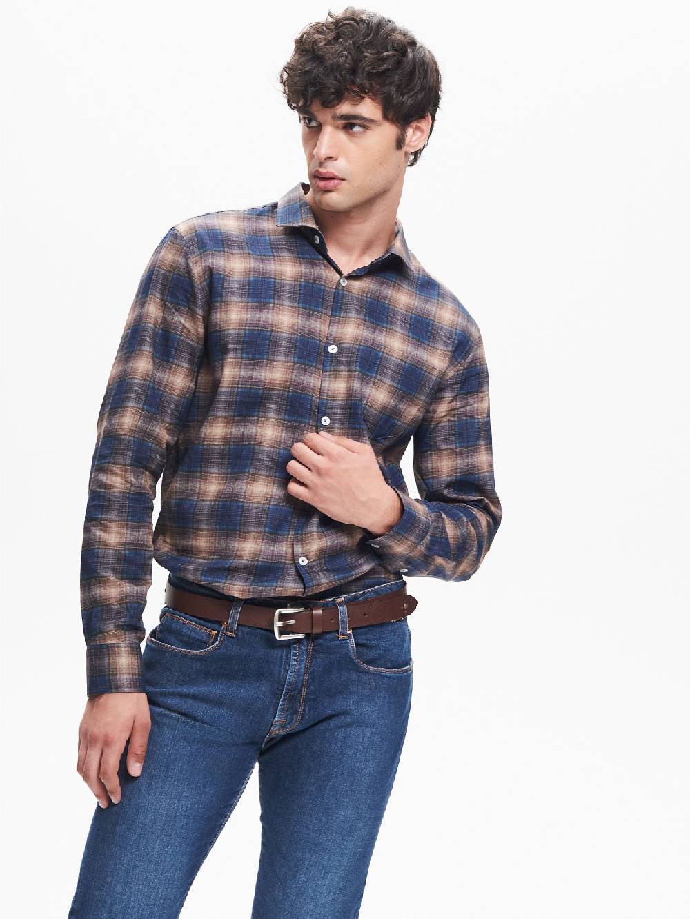 Rinascimento Camicia Check Uomo Collo alla Francese Blu QB24