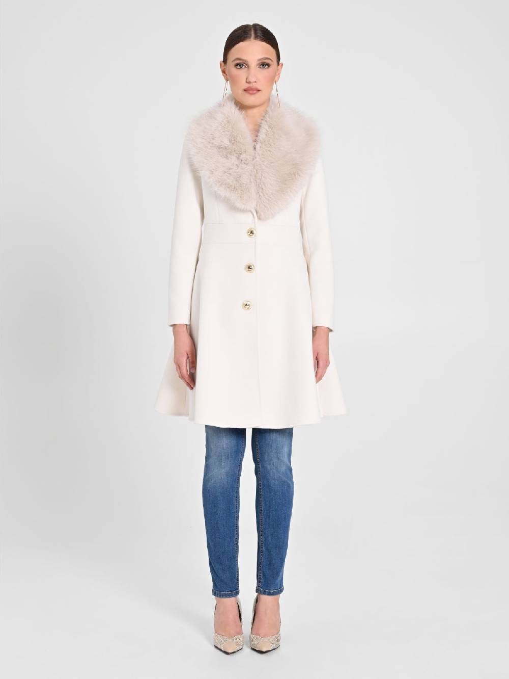 Rinascimento Cappotto Bianco Con Collo Effetto Pelliccia