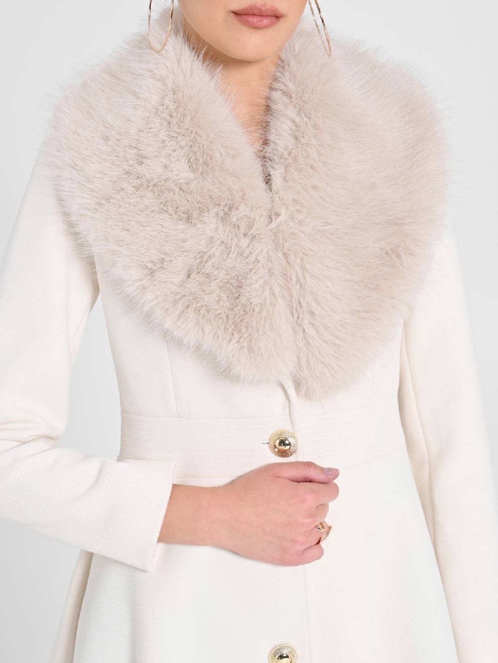 Rinascimento Cappotto Bianco Con Collo Effetto Pelliccia