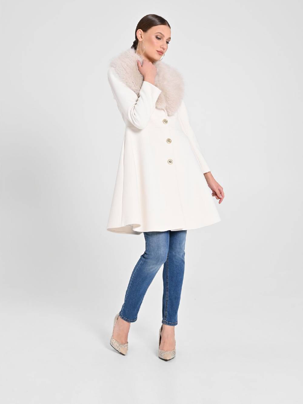 Rinascimento Cappotto Bianco con Collo effetto Pelliccia