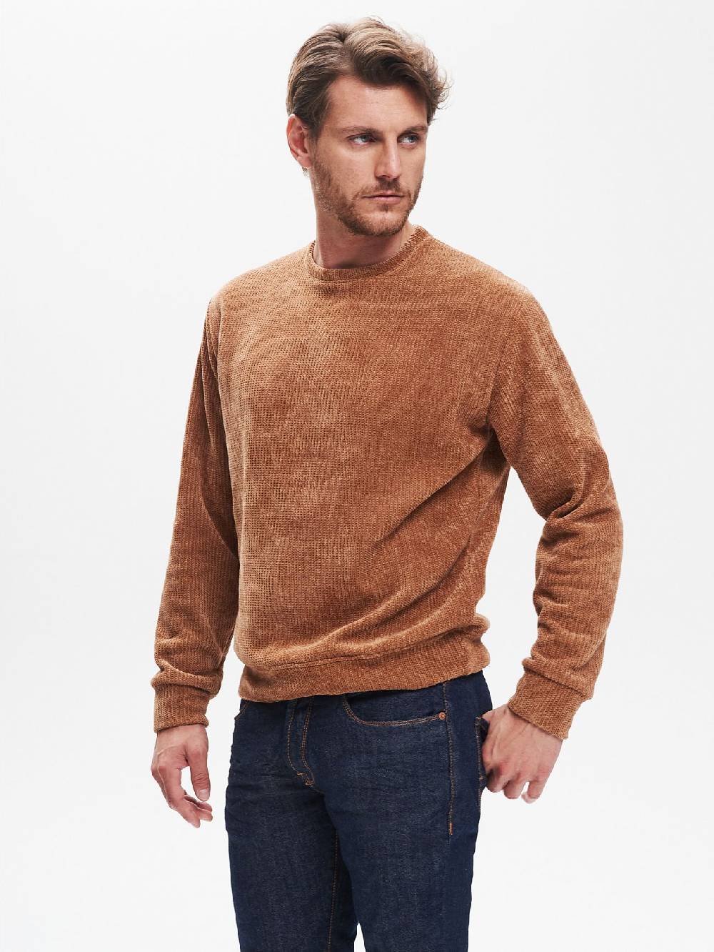 Rinascimento Felpa Girocollo Uomo in Ciniglia Cammello QB24