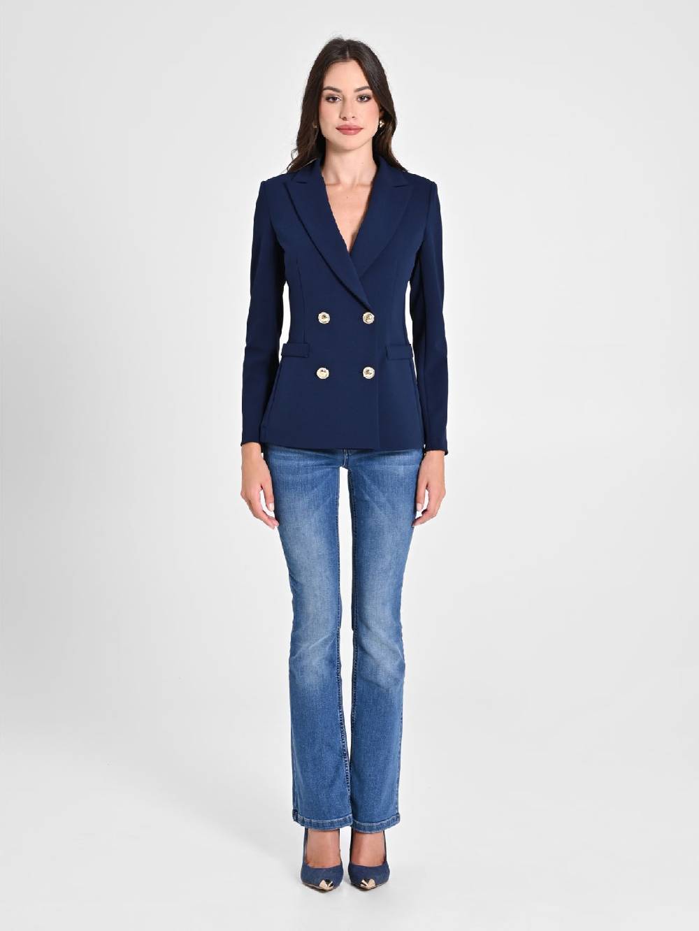 Rinascimento Giacca Doppiopetto Blu In Scuba Mano Crepe