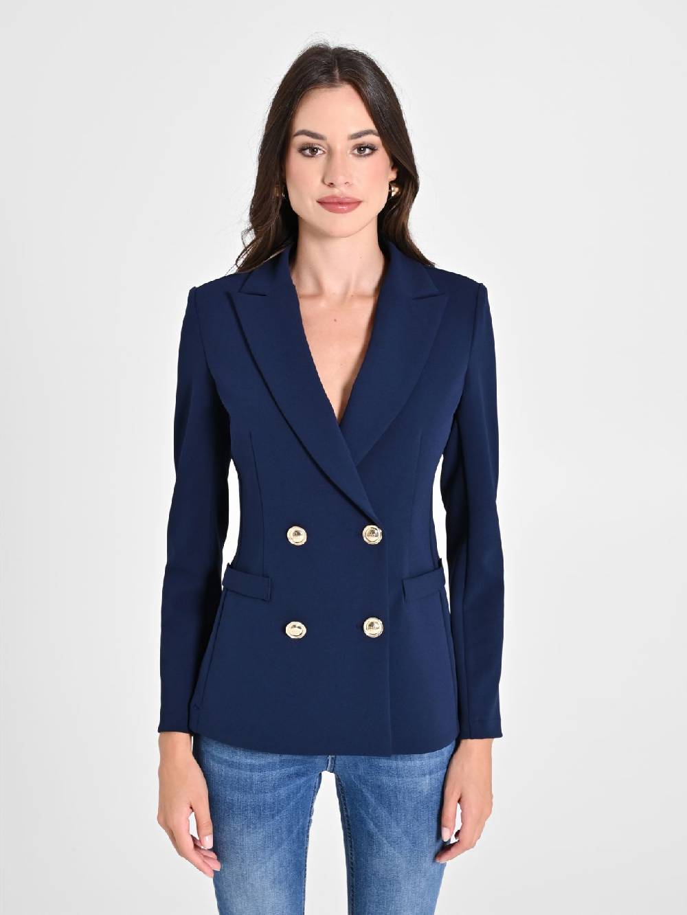 Rinascimento Giacca Doppiopetto Blu In Scuba Mano Crepe