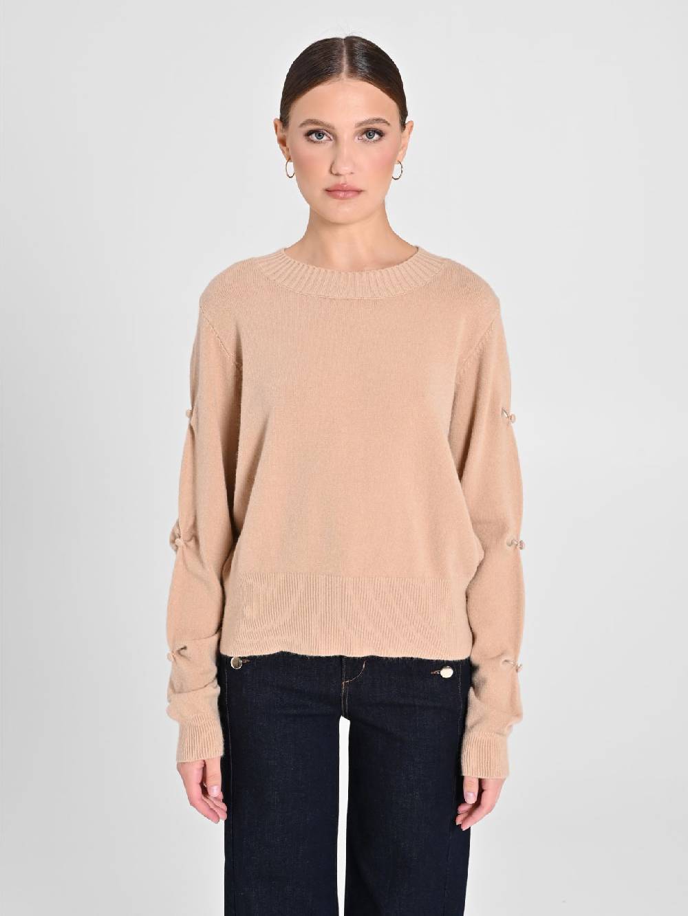 Rinascimento Maglione Cammello Con Bottoni Ricoperti