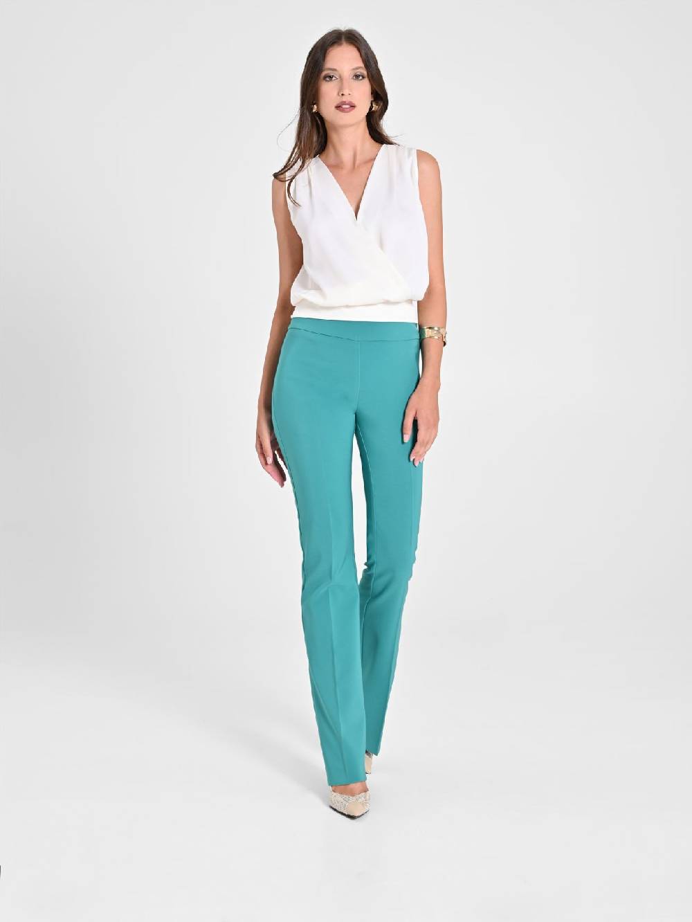 Rinascimento Pantaloni Flared in Tessuto Tecnico Verde Giada