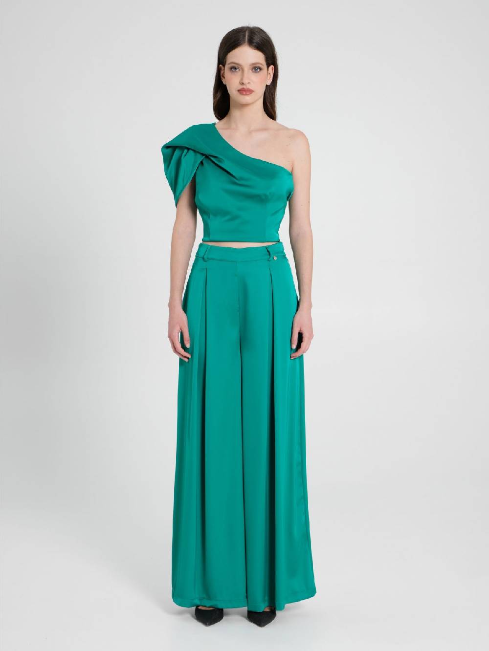 Rinascimento Pantaloni Palazzo In Satin Verde Giada