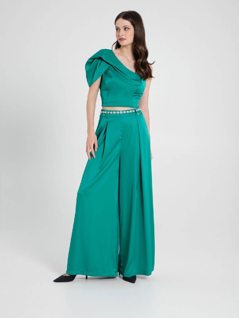 Rinascimento Pantaloni Palazzo in Satin Verde Giada