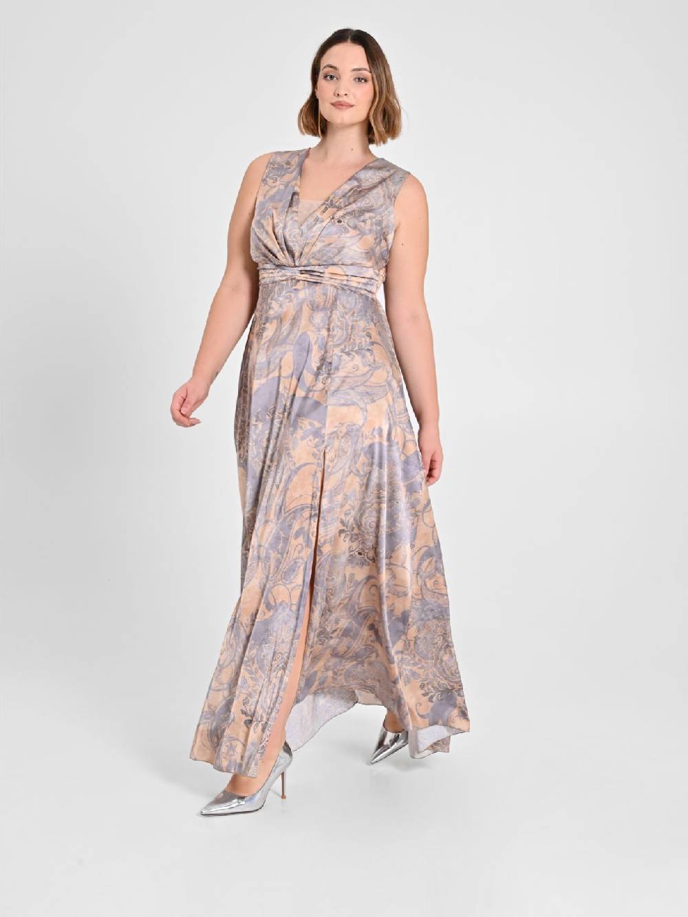 Rinascimento Abito curvy in raso stampa cachemire