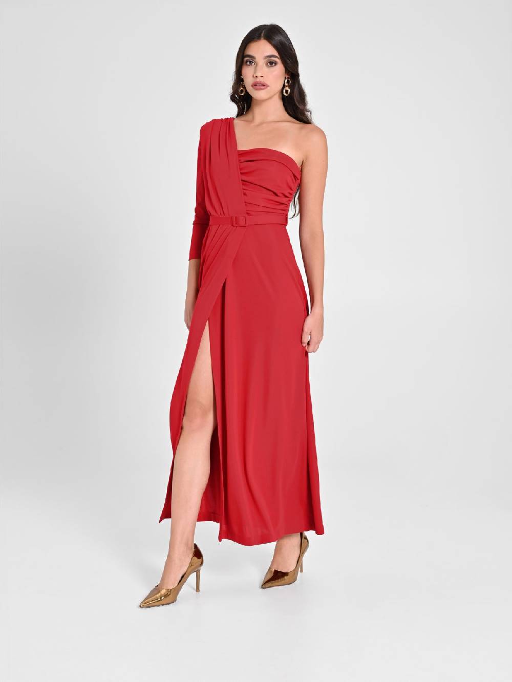 Rinascimento Abito Drappeggiato Monospalla Rosso