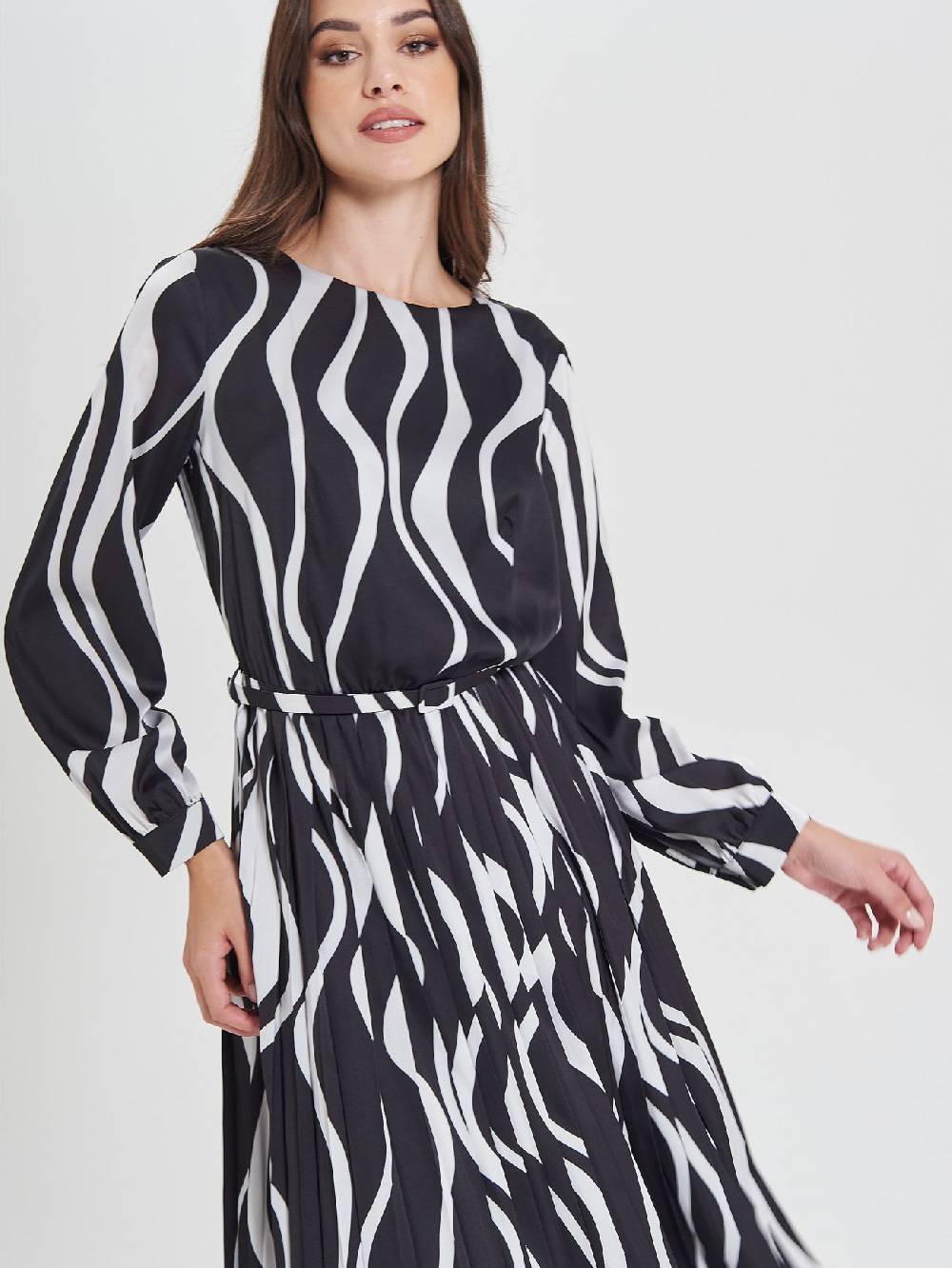 Rinascimento Abito Plissè Stampa Onde Black & White