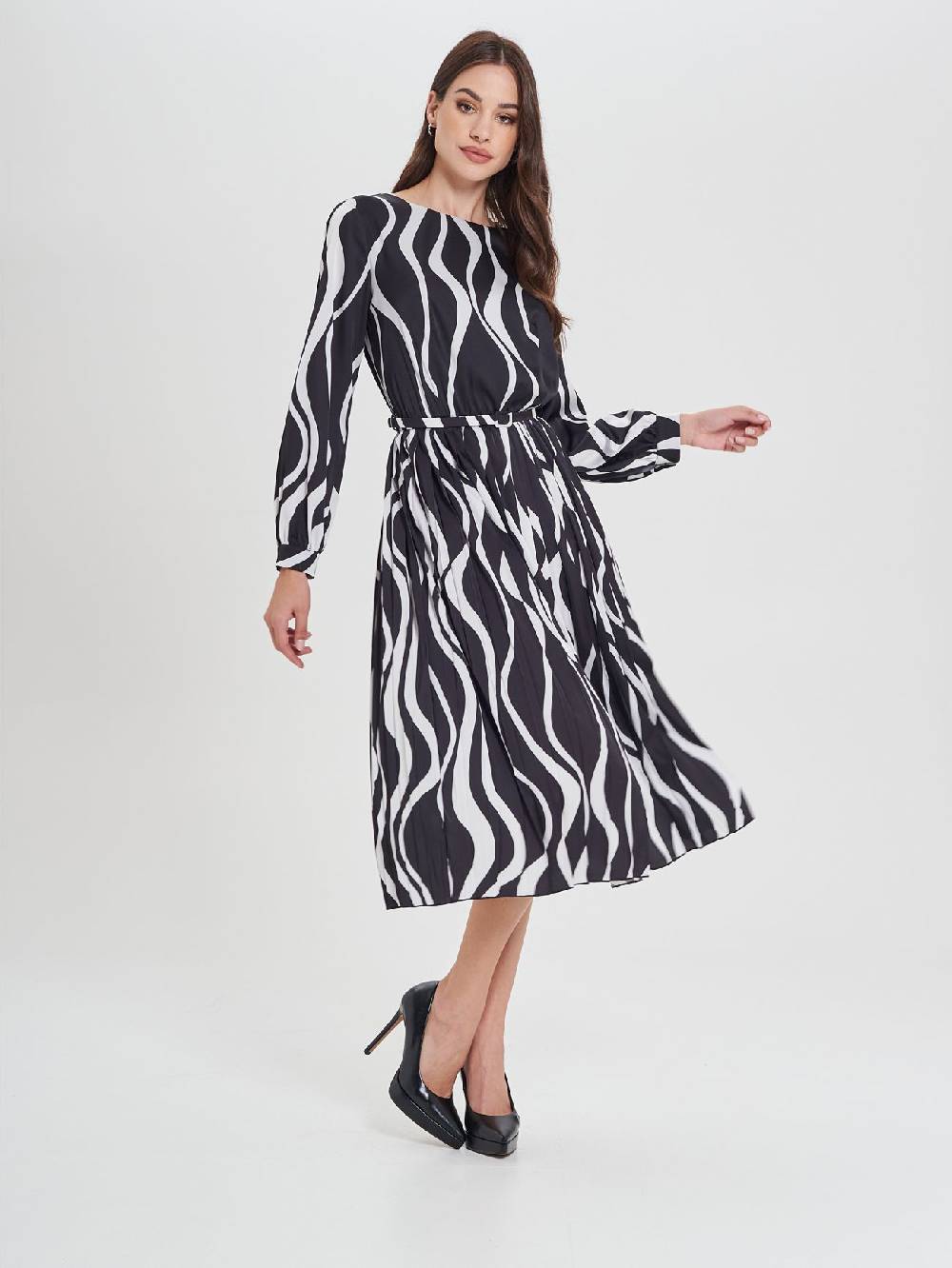 Rinascimento Abito Plissè stampa Onde Black & White