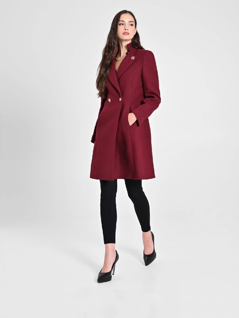 Rinascimento Cappotto Bordeaux con Collo in Piedi