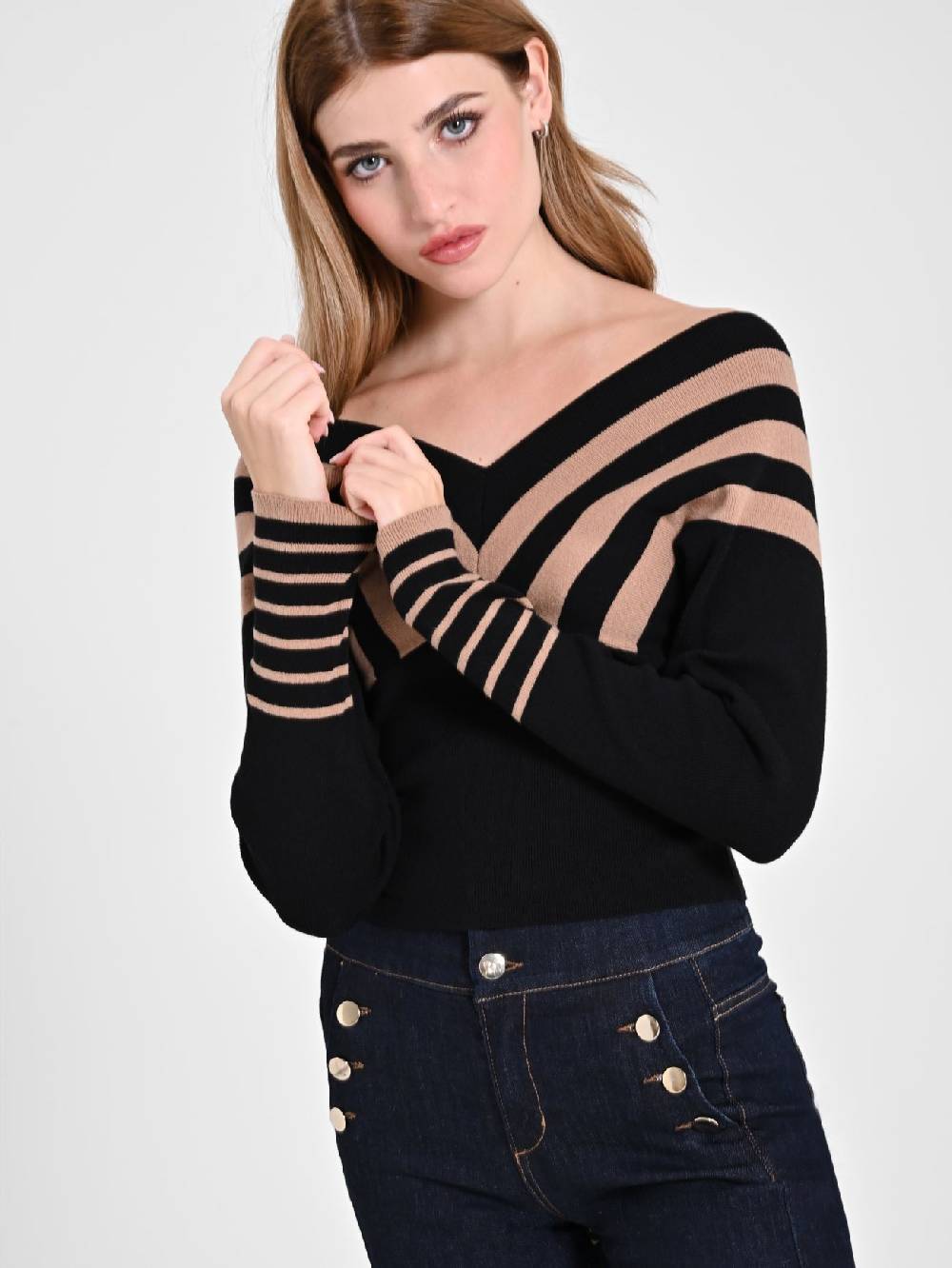 Rinascimento Maglioncino Nero a Righe Beige