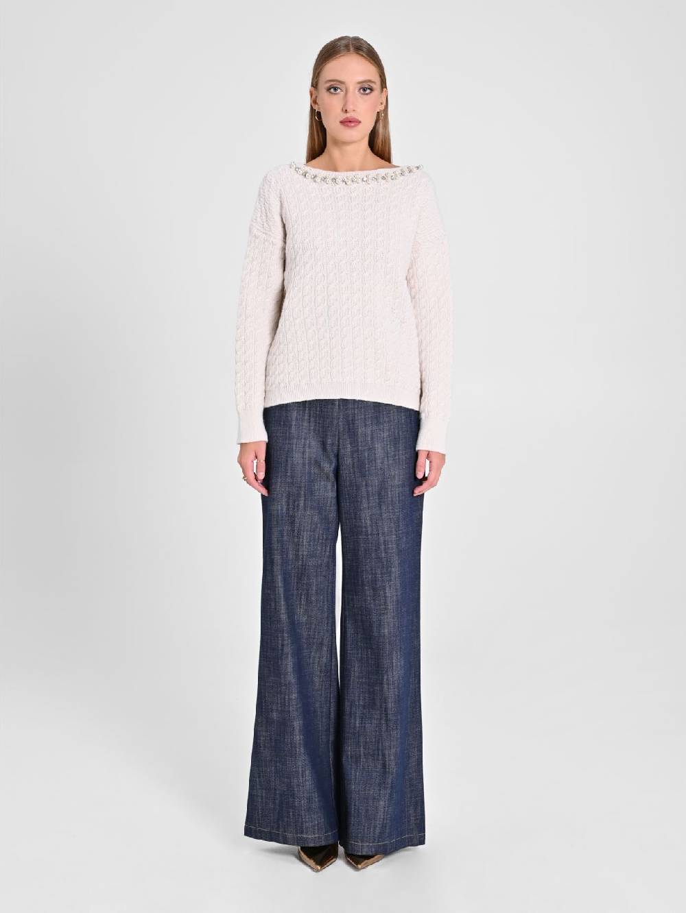 Rinascimento Maglione Bianco Scollo Perle