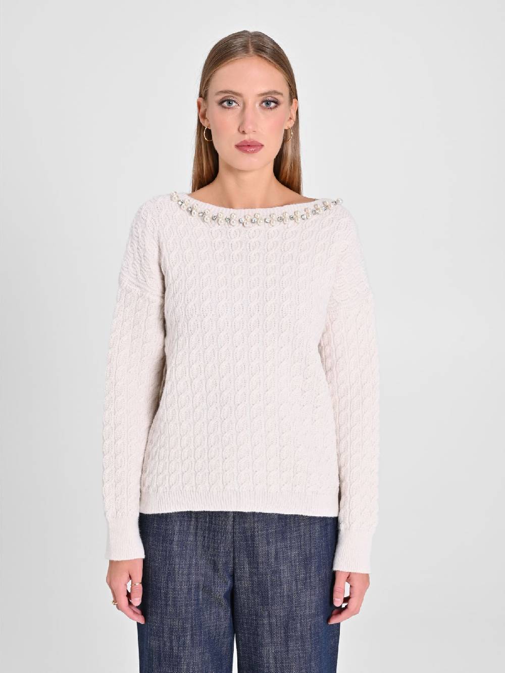 Rinascimento Maglione Bianco Scollo Perle