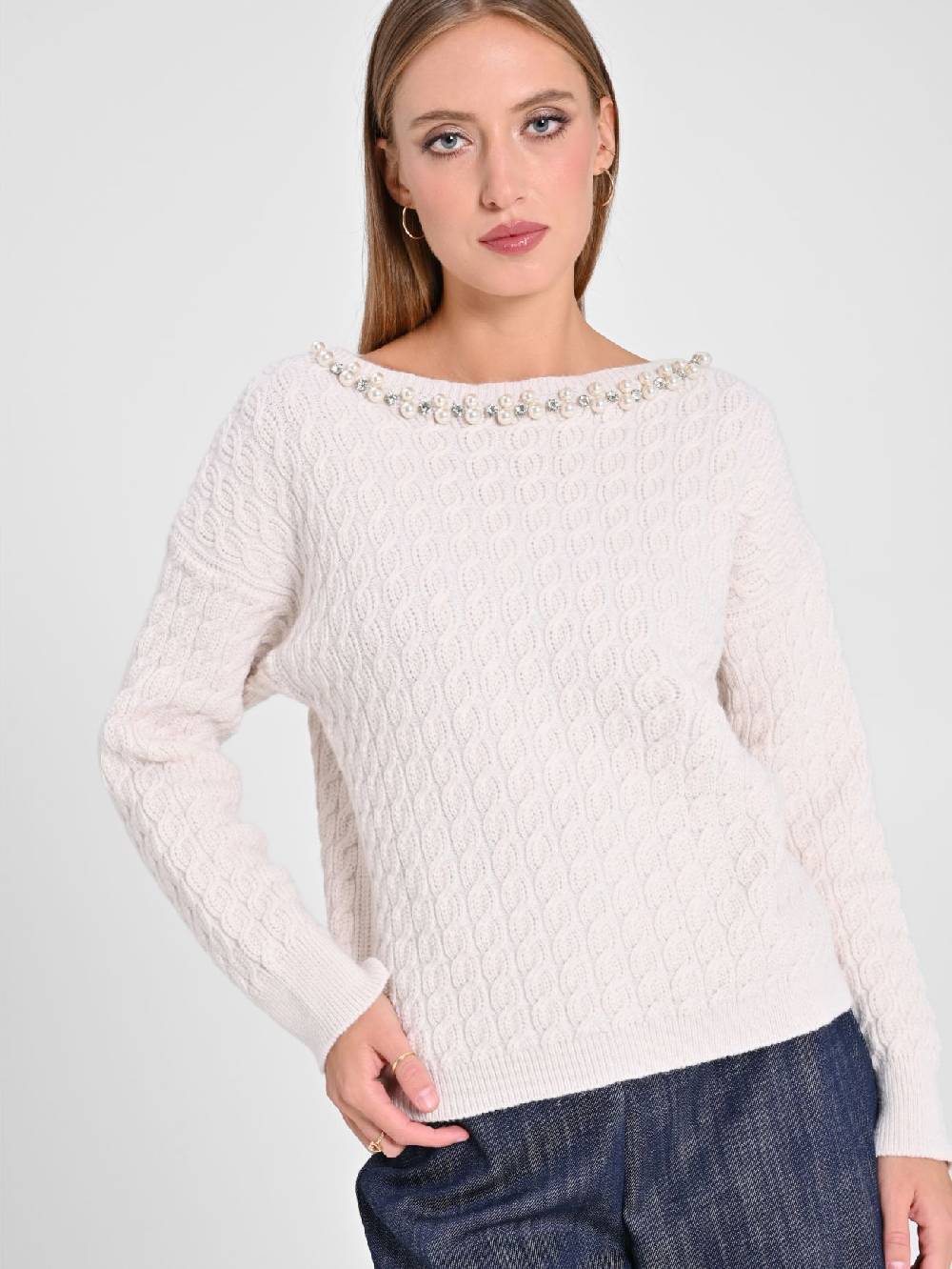 Rinascimento Maglione Bianco scollo Perle