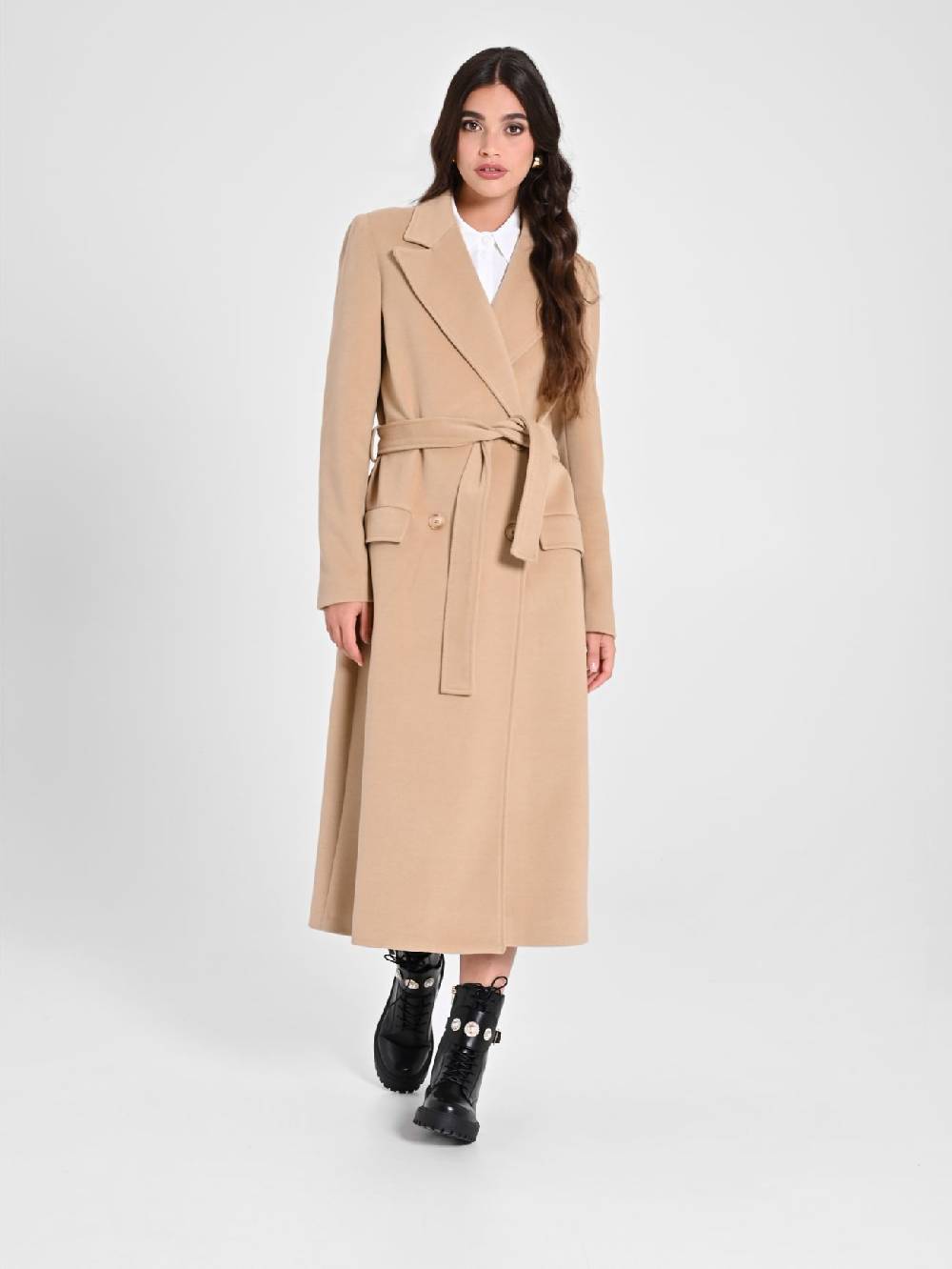 Rinascimento Maxi Cappotto Cammello con Cintura