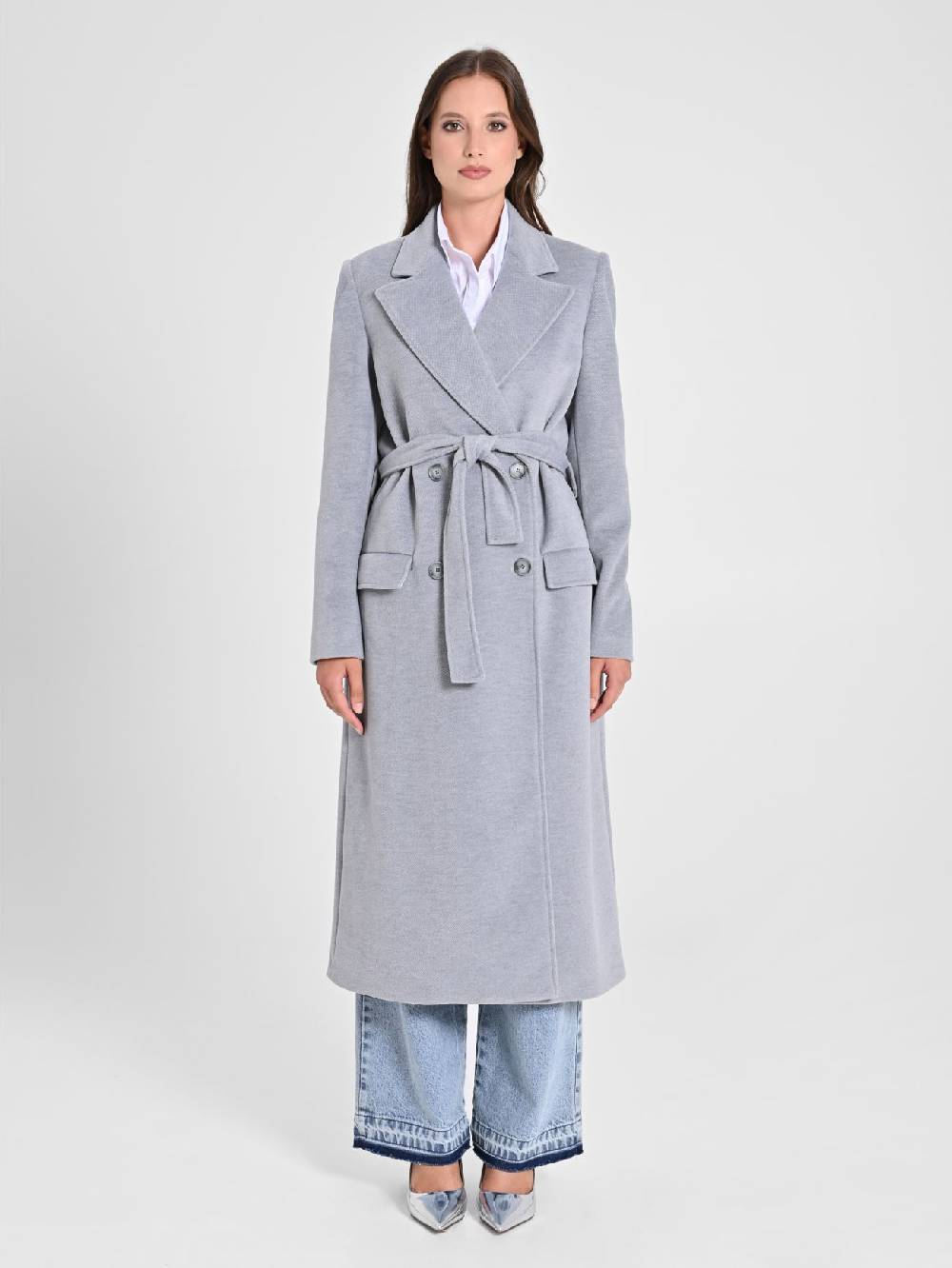 Rinascimento Maxi Cappotto Grigio Con Cintura
