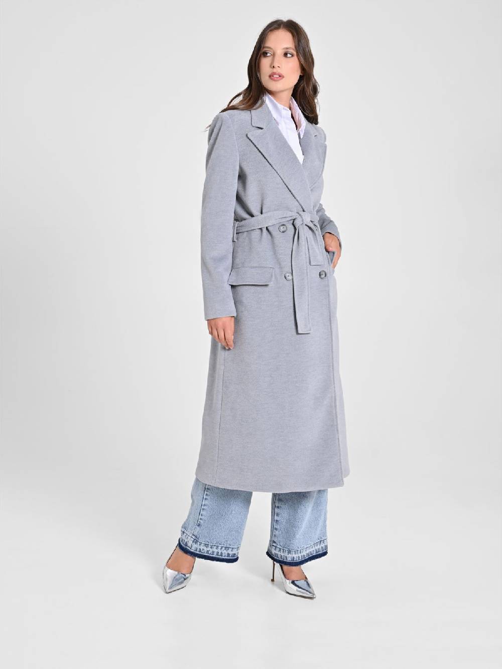 Rinascimento Maxi Cappotto Grigio con Cintura