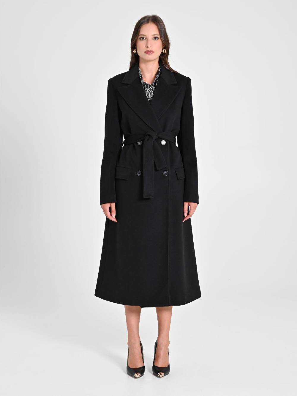 Rinascimento Maxi Cappotto Nero Con Cintura