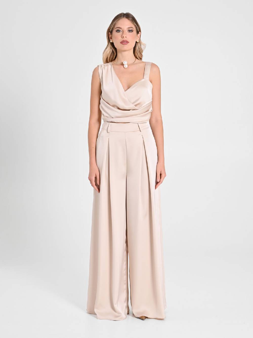 Rinascimento Pantaloni Palazzo In Satin Beige