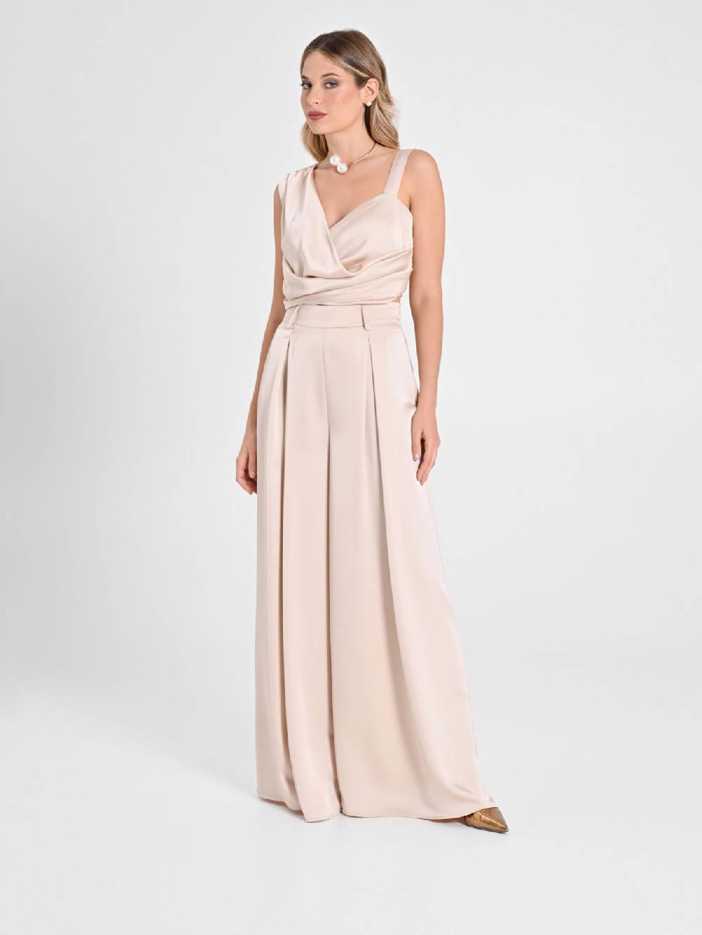 Rinascimento Pantaloni Palazzo in Satin Beige