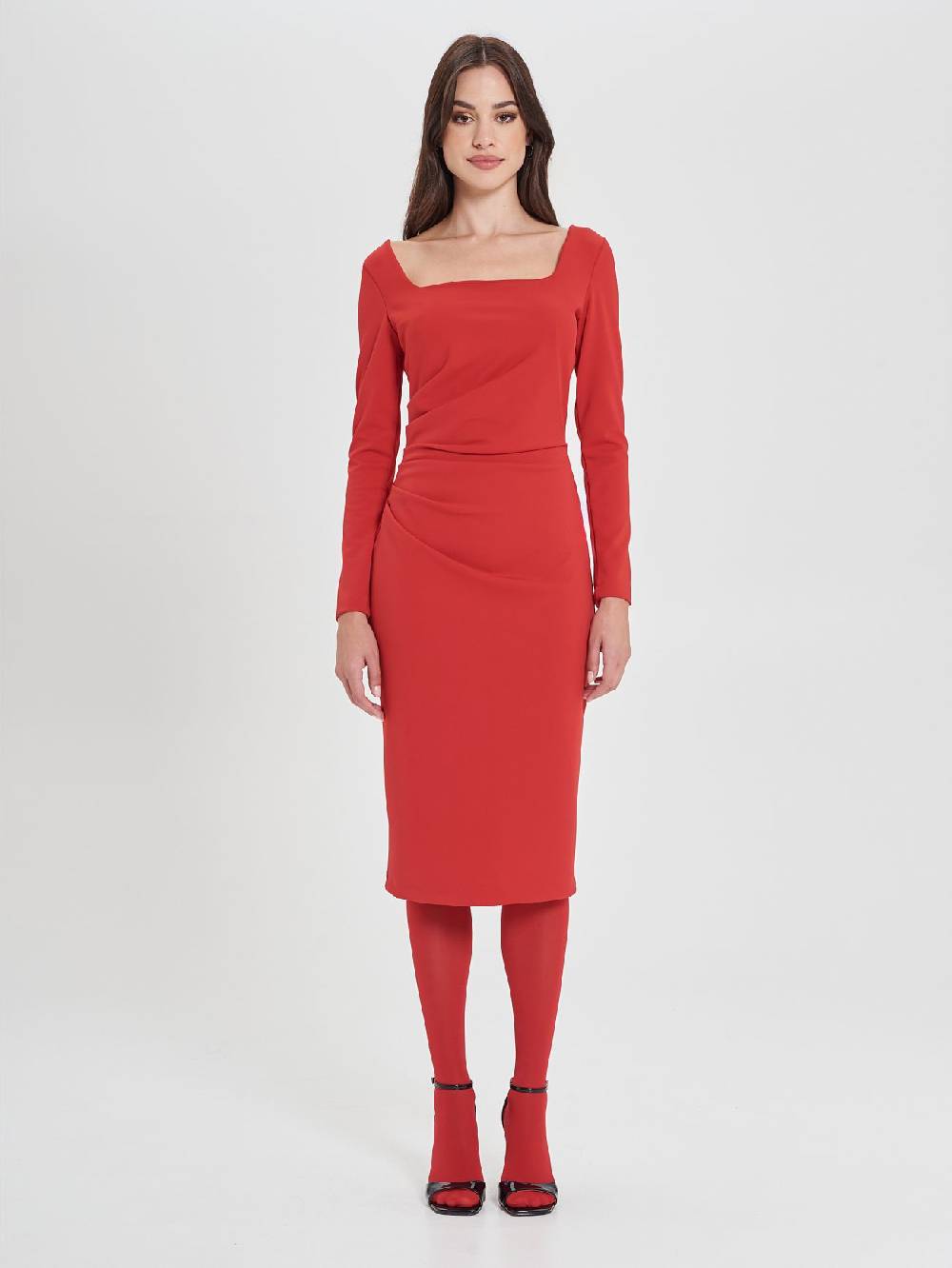 Rinascimento Tubino Rosso Con Scollo Squadrato