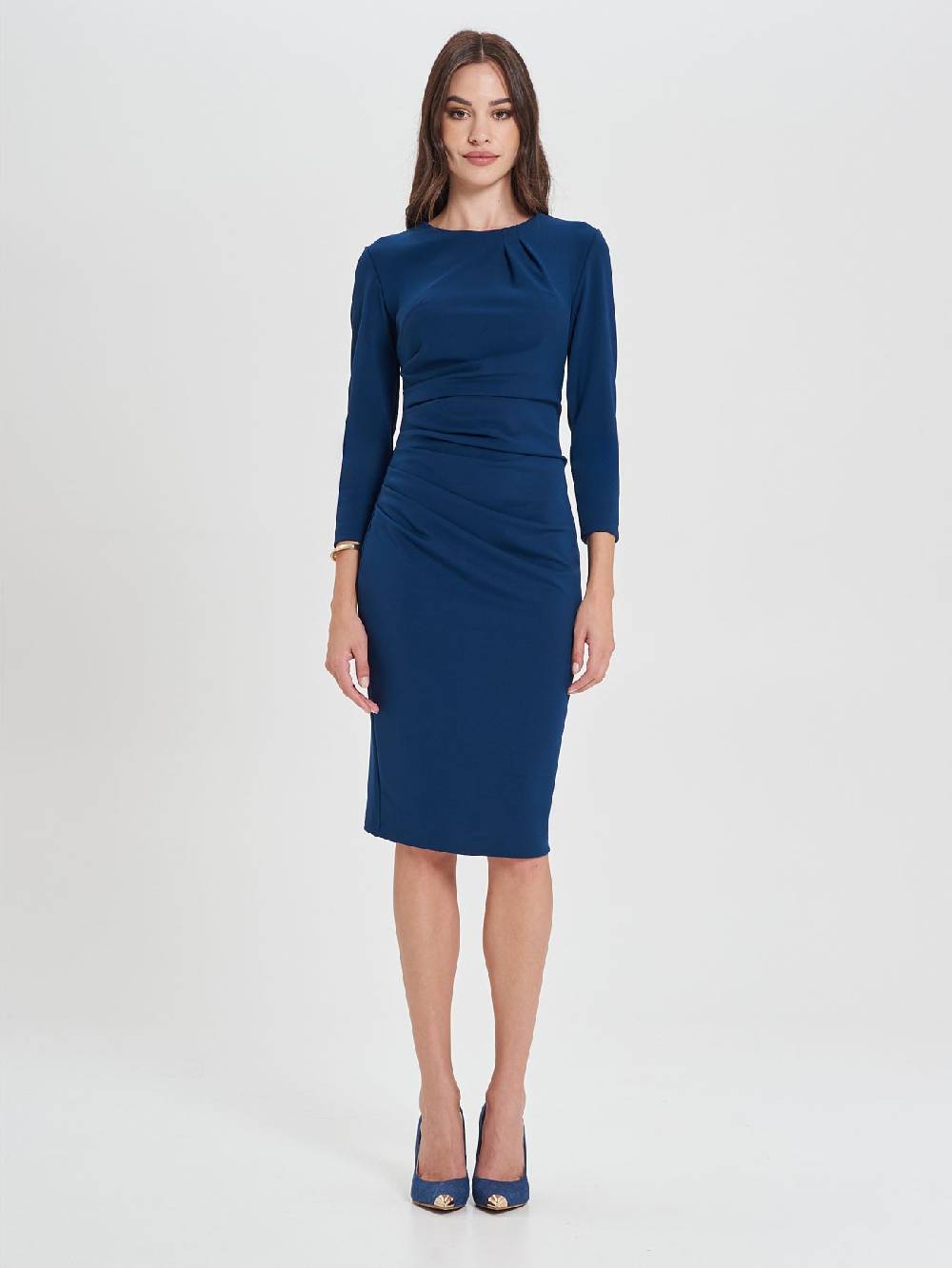 Rinascimento Tubino Drappeggiato Blu A Maniche Lunghe