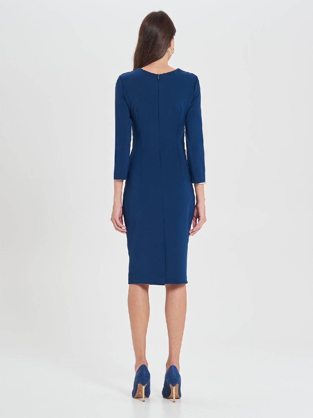 Rinascimento Tubino Drappeggiato Blu A Maniche Lunghe