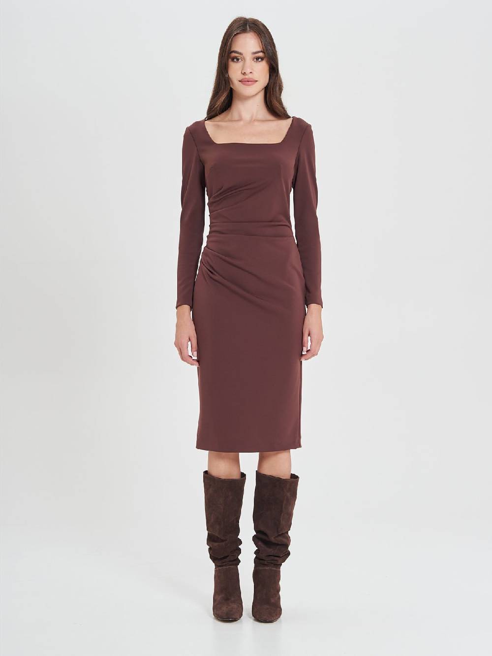 Rinascimento Tubino Marrone Cioccolato Con Scollo Squadrato