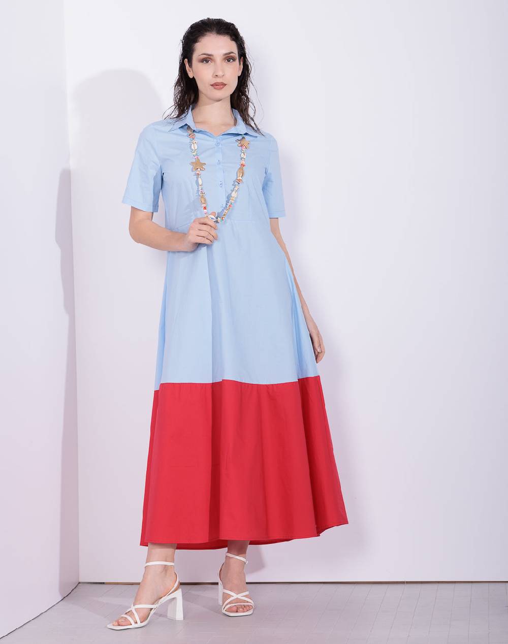 Risskio Anita - Abito Lungo Bi- Colore In Popeline Di Cotone