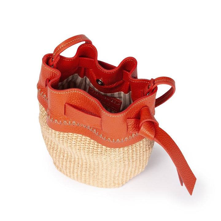 Roberta Gandolfi Ambra Mini Bucket In Rafia E Pelle Martellata