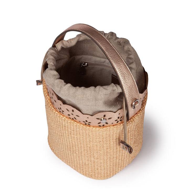 Roberta Gandolfi Diletta Bucket In Rafia Con Balza In Pelle Laserata Con Tracolla Staccabile