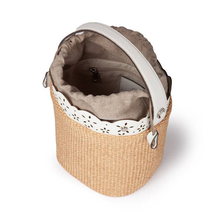 Roberta Gandolfi Diletta Bucket In Rafia Con Balza In Pelle Laserata Con Tracolla Staccabile