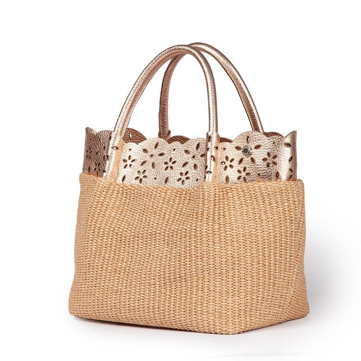 Roberta Gandolfi Diletta Handbag In Rafia Con Balza In Pelle Laserata Con Tracolla Staccabile