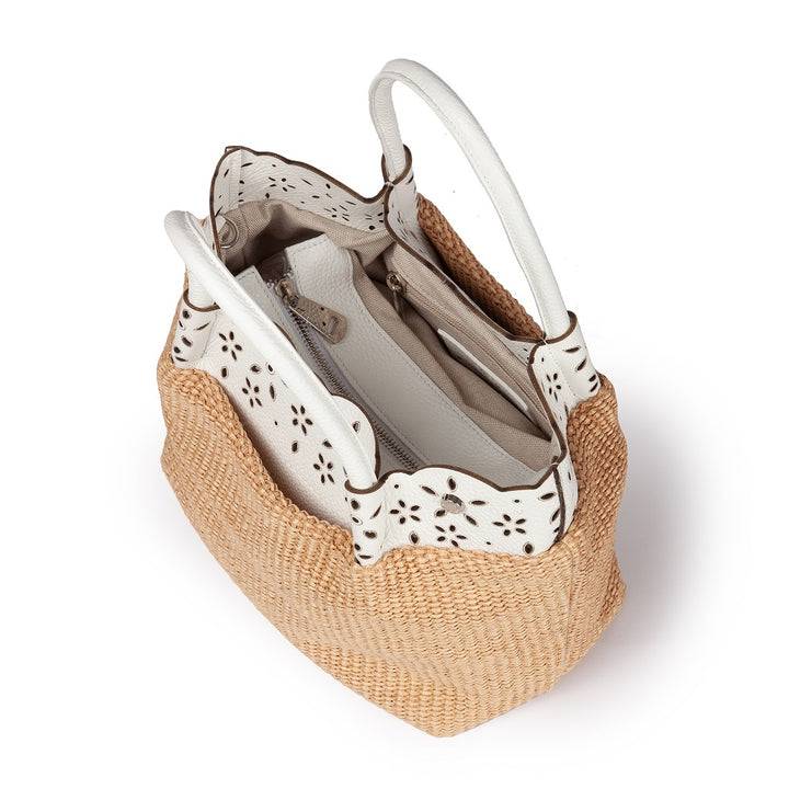 Roberta Gandolfi Diletta Handbag In Rafia Con Balza In Pelle Laserata Con Tracolla Staccabile