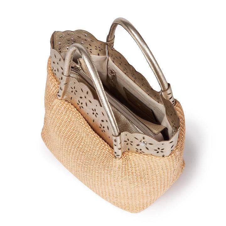 Roberta Gandolfi Diletta Handbag In Rafia Con Balza In Pelle Laserata Con Tracolla Staccabile