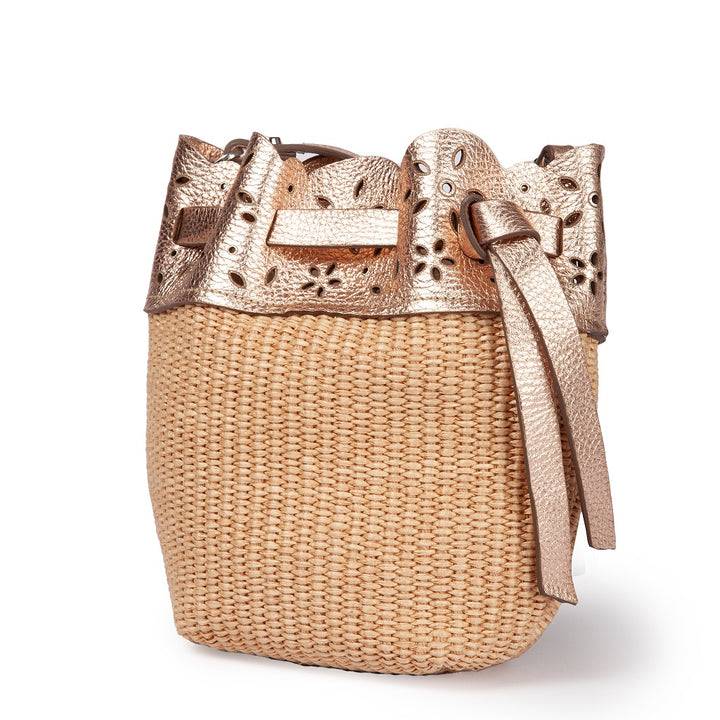 Roberta Gandolfi Diletta Mini Bucket In Rafia Con Balza In Pelle Laserata Con Tracolla Staccabile