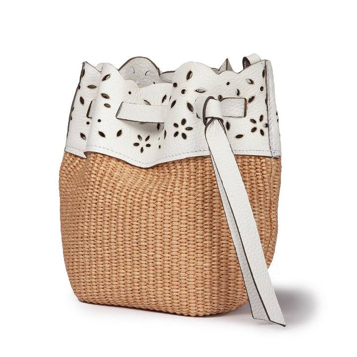 Roberta Gandolfi Diletta Mini Bucket In Rafia Con Balza In Pelle Laserata Con Tracolla Staccabile